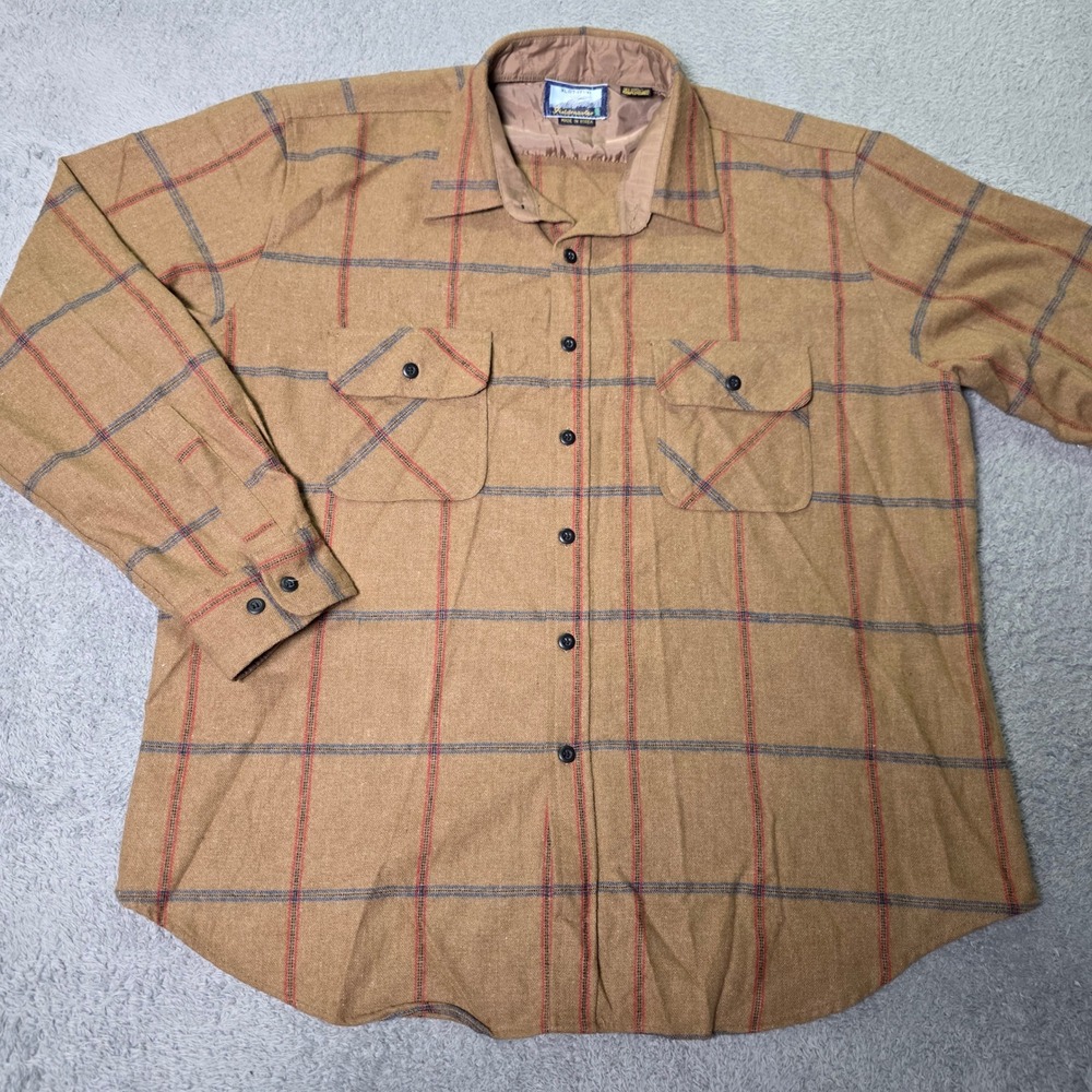 Fieldmaster Mens XL Shirt Plaid Wool Blend Tan Long Sleeve Button Up Workwear